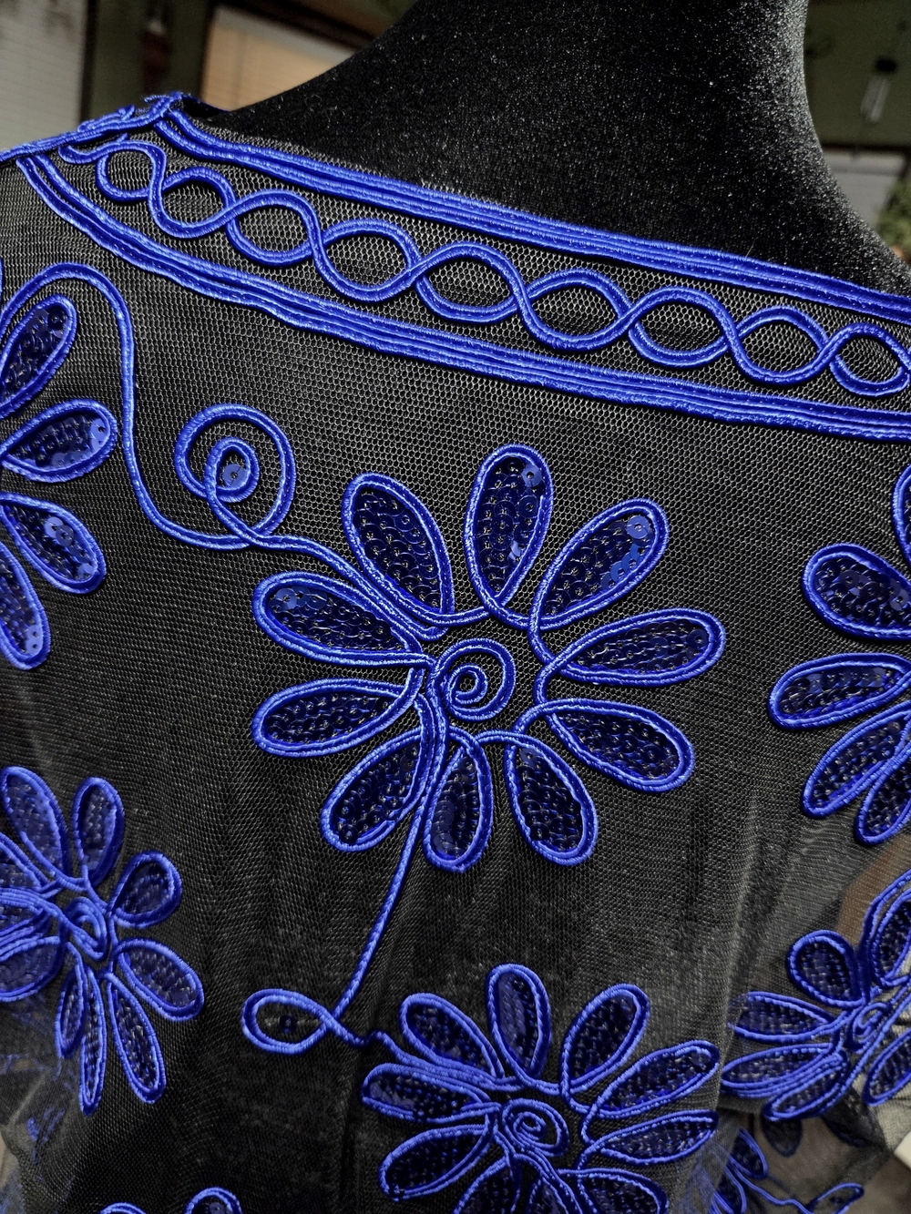 Sheer Floral Embroidered V-Neck Blouse Cobalt Blue Floral With Black Mesh - Picture 6 of 10